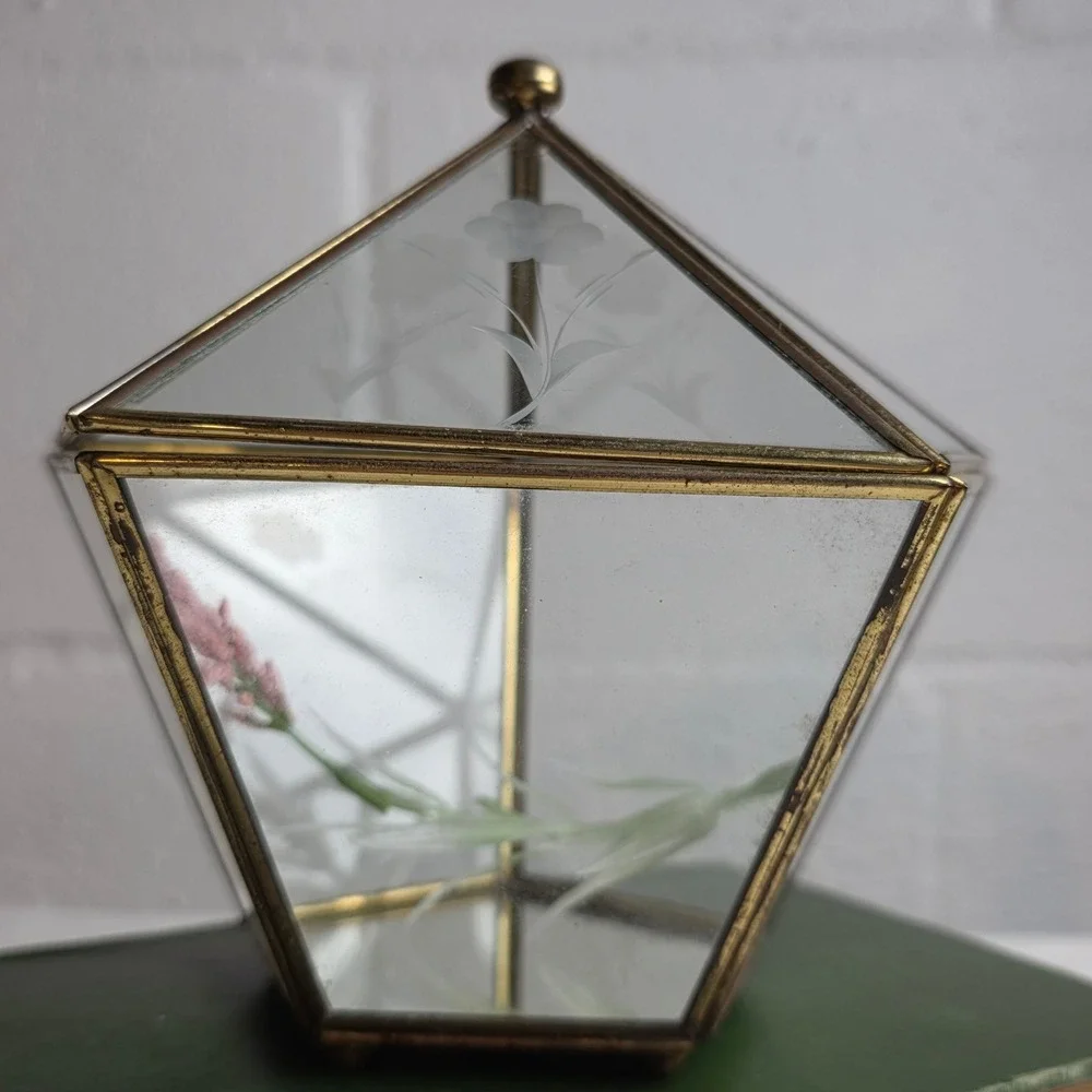 Vintage Brass Etched Glass Geometric Trinket Box Terrarium Mirrored Floral